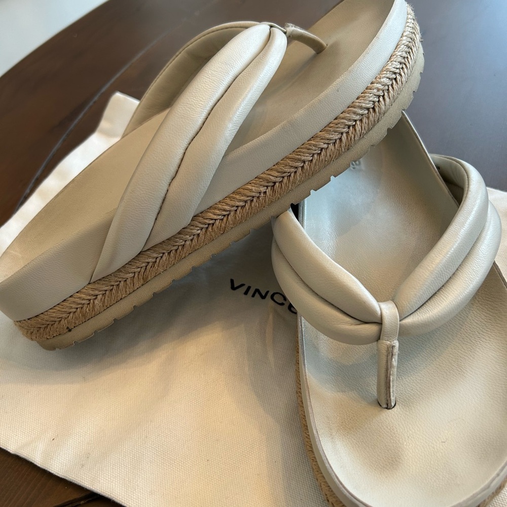 Vince Off White Bone Leather Thong Platform Espadrille Sandals - 8.5